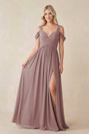Dusty Rose Chiffon A-Line Bridesmaid Dress with Slit | KISSBRIDAL