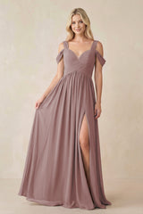 Dusty Rose Chiffon A-Line Bridesmaid Dress with Slit | KISSBRIDAL
