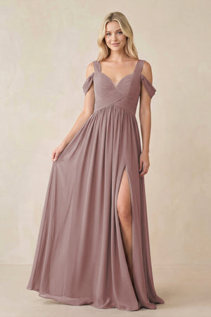 Dusty Rose Chiffon A-Line Bridesmaid Dress with Slit | KISSBRIDAL