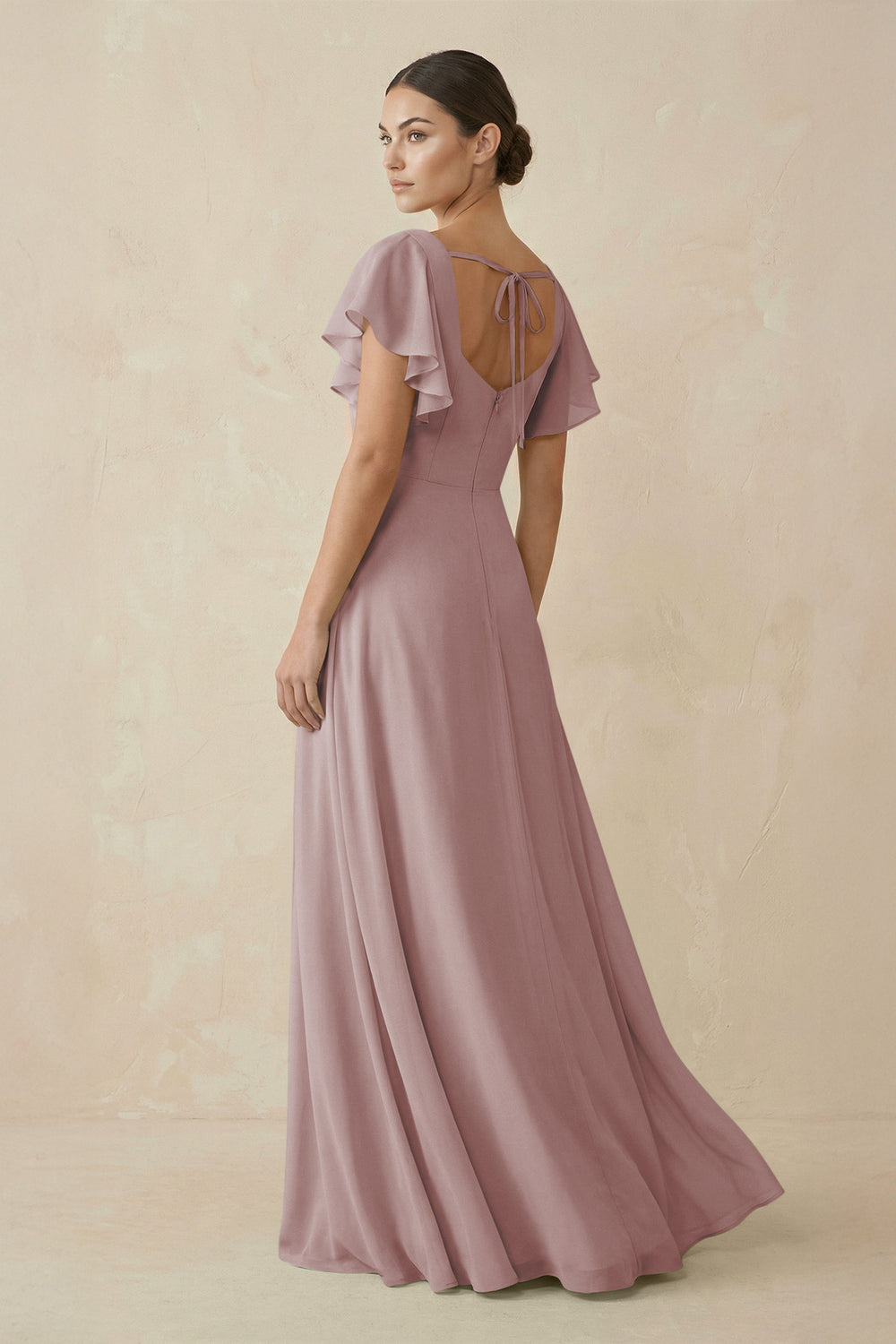Chiffon A-Line Long Bridesmaid Dress with Flutter Sleeves in Dusty Rose