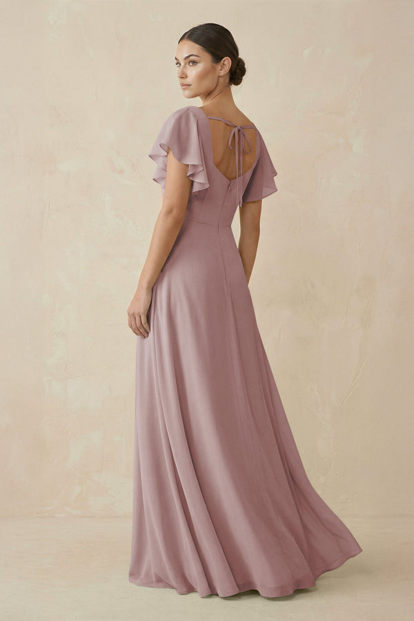 Dusty Rose Chiffon A-Line Long Bridesmaid Dress with Flutter Sleeves (2) | KISSBRIDAL