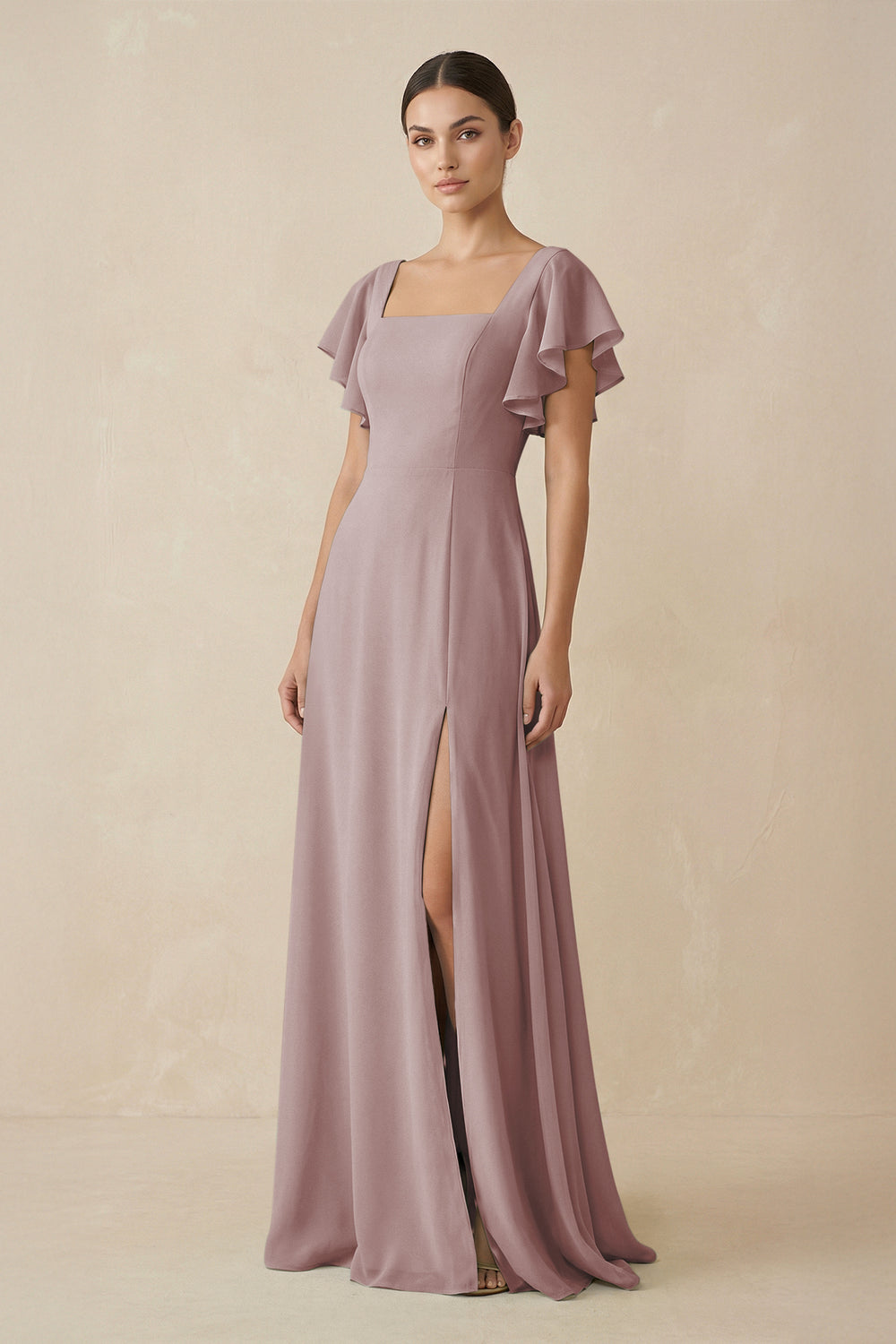 Chiffon A-Line Long Bridesmaid Dress with Flutter Sleeves in Dusty Rose