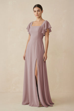 Dusty Rose Chiffon A-Line Long Bridesmaid Dress with Flutter Sleeves | KISSBRIDAL