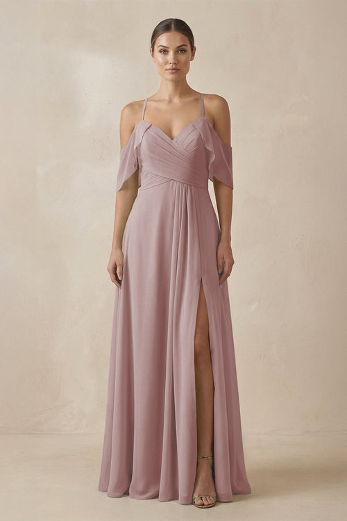 Dusty Rose Chiffon A-Line Long Bridesmaid Dress | KISSBRIDAL