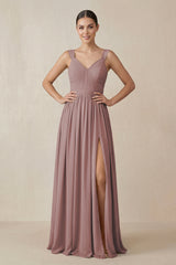 Dusty Rose Chiffon A-Line Pleated Bridesmaid Dress | KISSBRIDAL