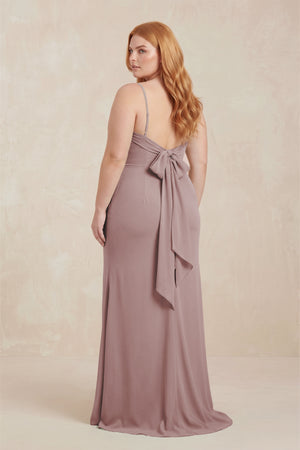Dusty Rose Cowl Neck Sheath Chiffon Bridesmaid Dress with Corset (2) | KISSBRIDAL