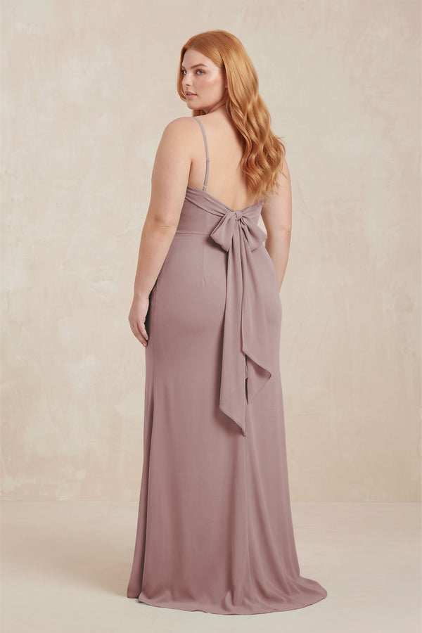 Dusty Rose Cowl Neck Sheath Chiffon Bridesmaid Dress with Corset (2) | KISSBRIDAL