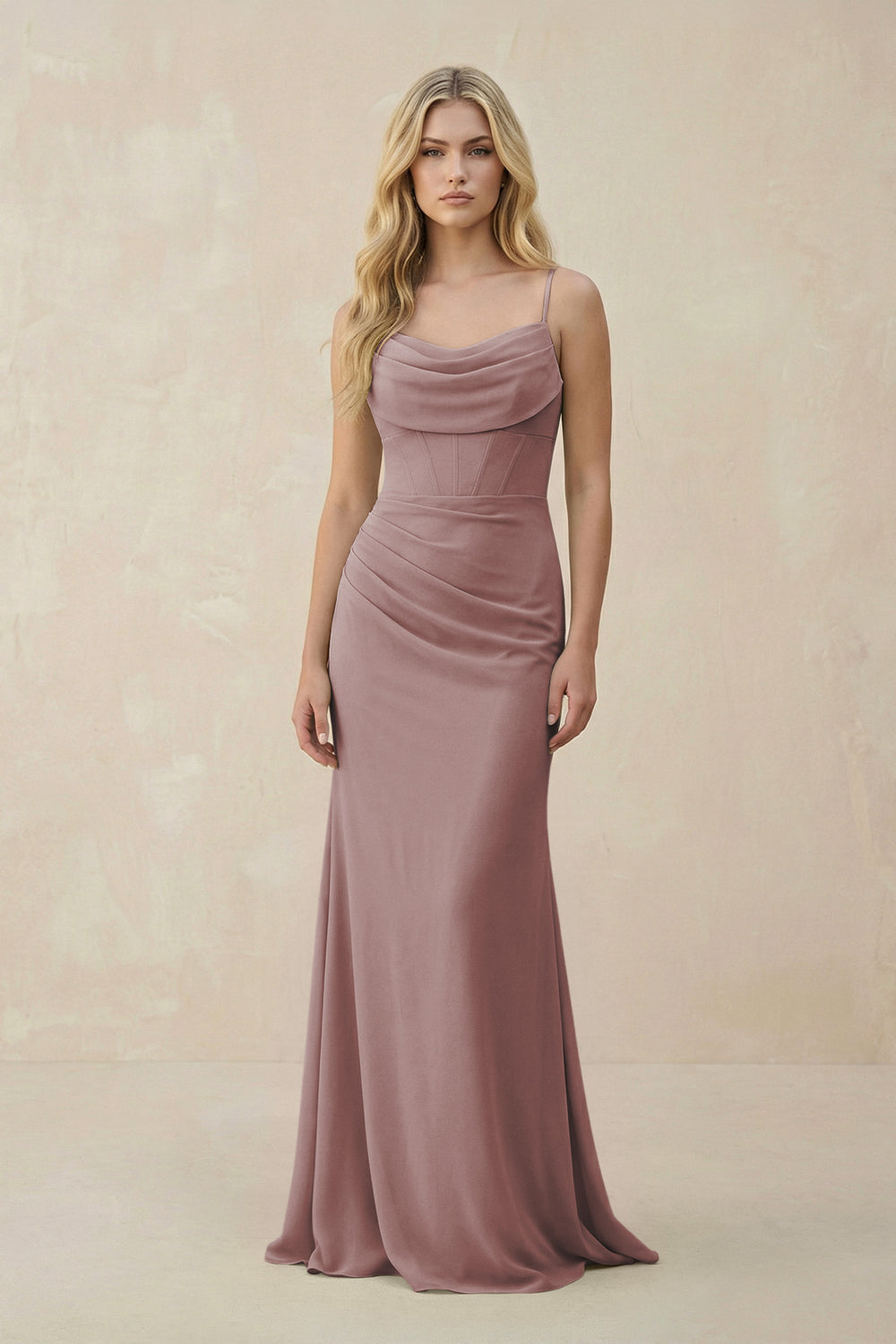 Cowl Neck Sheath Chiffon Bridesmaid Dress with Corset in Dusty Rose