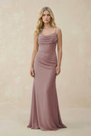 Dusty Rose Cowl Neck Sheath Chiffon Bridesmaid Dress with Corset | KISSBRIDAL
