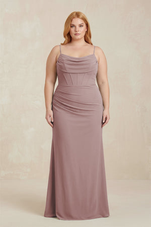 Dusty Rose Cowl Neck Sheath Chiffon Bridesmaid Dress with Corset | KISSBRIDAL