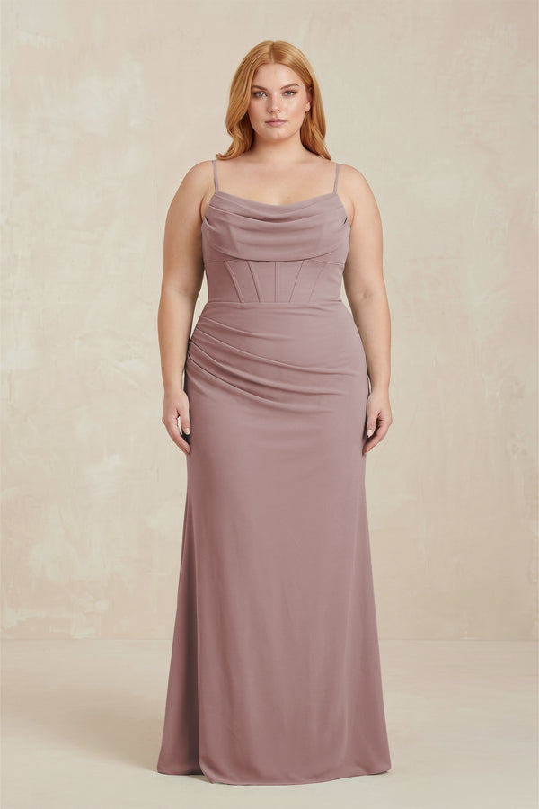 Dusty Rose Cowl Neck Sheath Chiffon Bridesmaid Dress with Corset | KISSBRIDAL