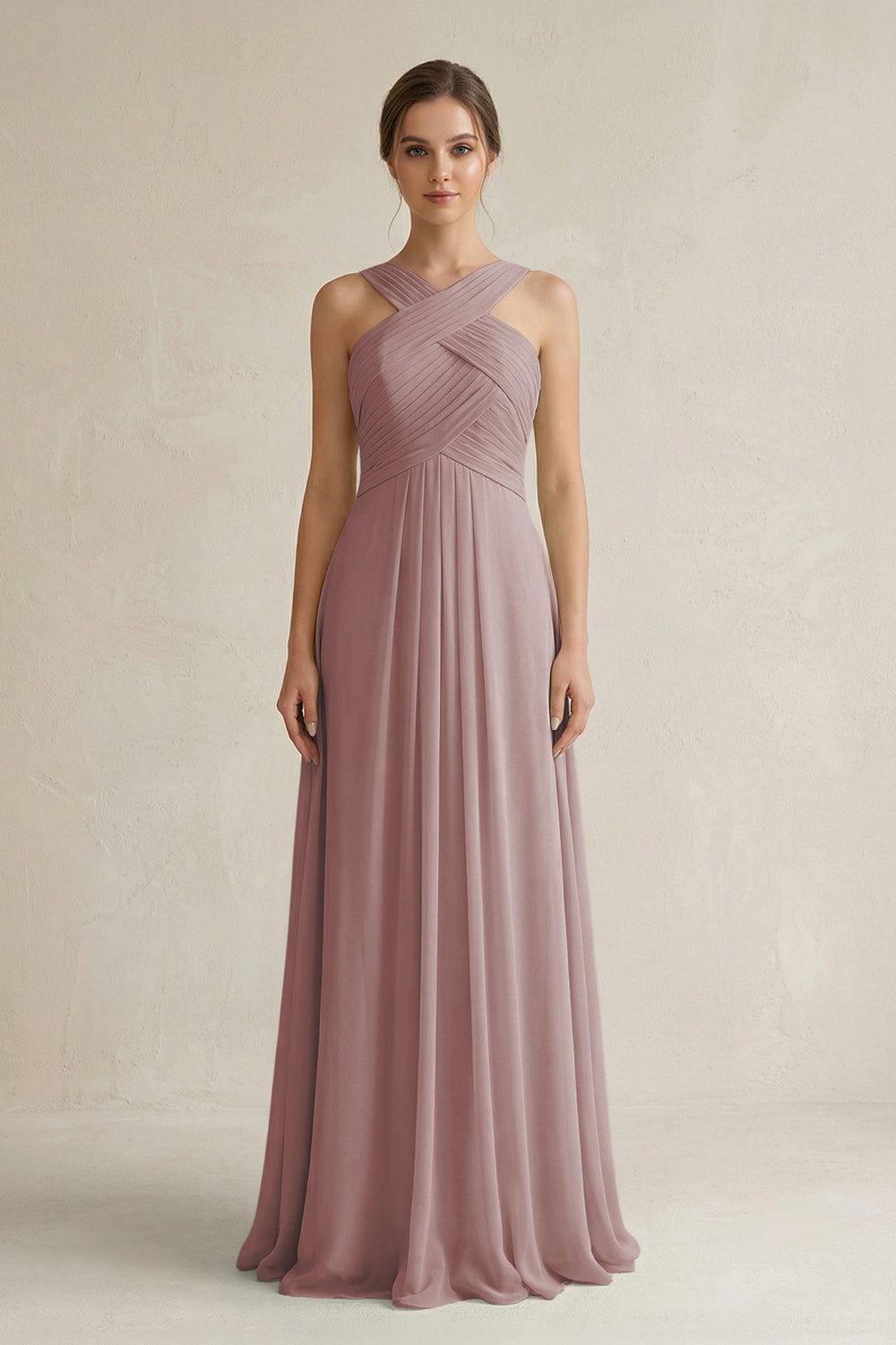 Cross Halter Chiffon A-Line Pleated Bridesmaid Dress in Dusty Rose
