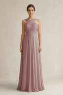 Dusty Rose Cross Halter Chiffon A-Line Pleated Bridesmaid Dress | KISSBRIDAL