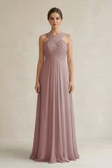 Dusty Rose Cross Halter Chiffon A-Line Pleated Bridesmaid Dress | KISSBRIDAL
