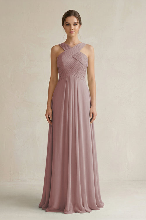 Dusty Rose Cross Halter Chiffon A-Line Pleated Bridesmaid Dress | KISSBRIDAL