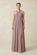 Dusty Rose Cross Halter Neck Chiffon A-Line Bridesmaid Dress With Slit | KISSBRIDAL
