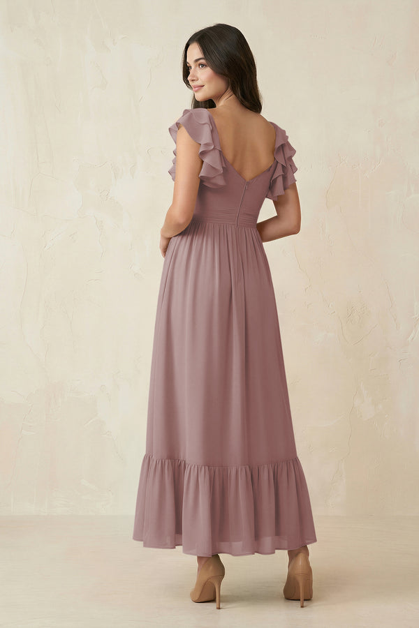 Dusty Rose Flutter Sleeve Sweetheart A-Line Chiffon Bridesmaid Dress (2) | KISSBRIDAL