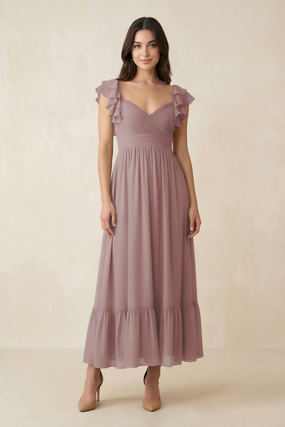 Flutter Sleeve Sweetheart A-Line Chiffon Bridesmaid Dress in Dusty Rose