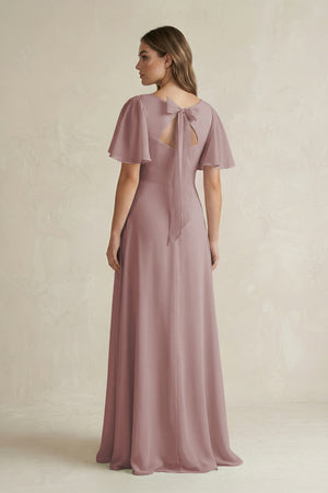 Dusty Rose Flutter Sleeve V-Neck A-Line Chiffon Bridesmaid Dress (2) | KISSBRIDAL