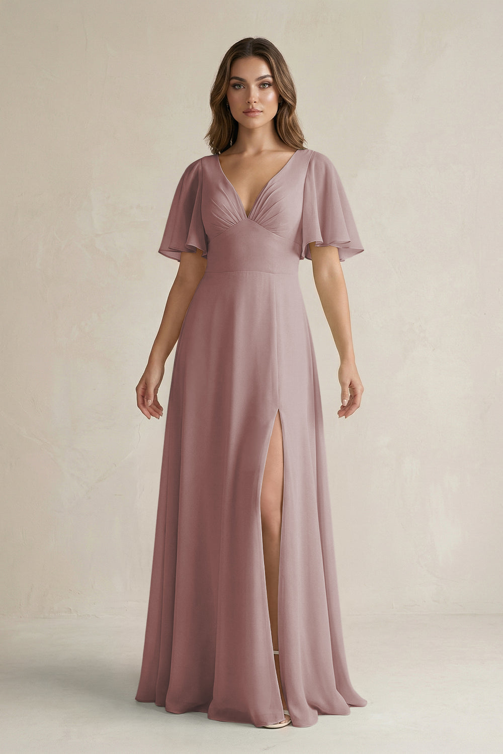 Flutter Sleeve V-Neck A-Line Chiffon Bridesmaid Dress in Dusty Rose