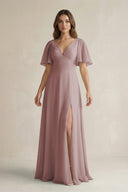 Dusty Rose Flutter Sleeve V-Neck A-Line Chiffon Bridesmaid Dress | KISSBRIDAL