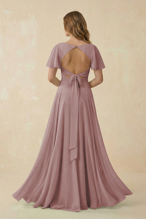 Dusty Rose Flutter Sleeve V-Neck Chiffon A-Line Bridesmaid Dress (2) | KISSBRIDAL