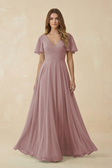 Dusty Rose Flutter Sleeve V-Neck Chiffon A-Line Bridesmaid Dress | KISSBRIDAL