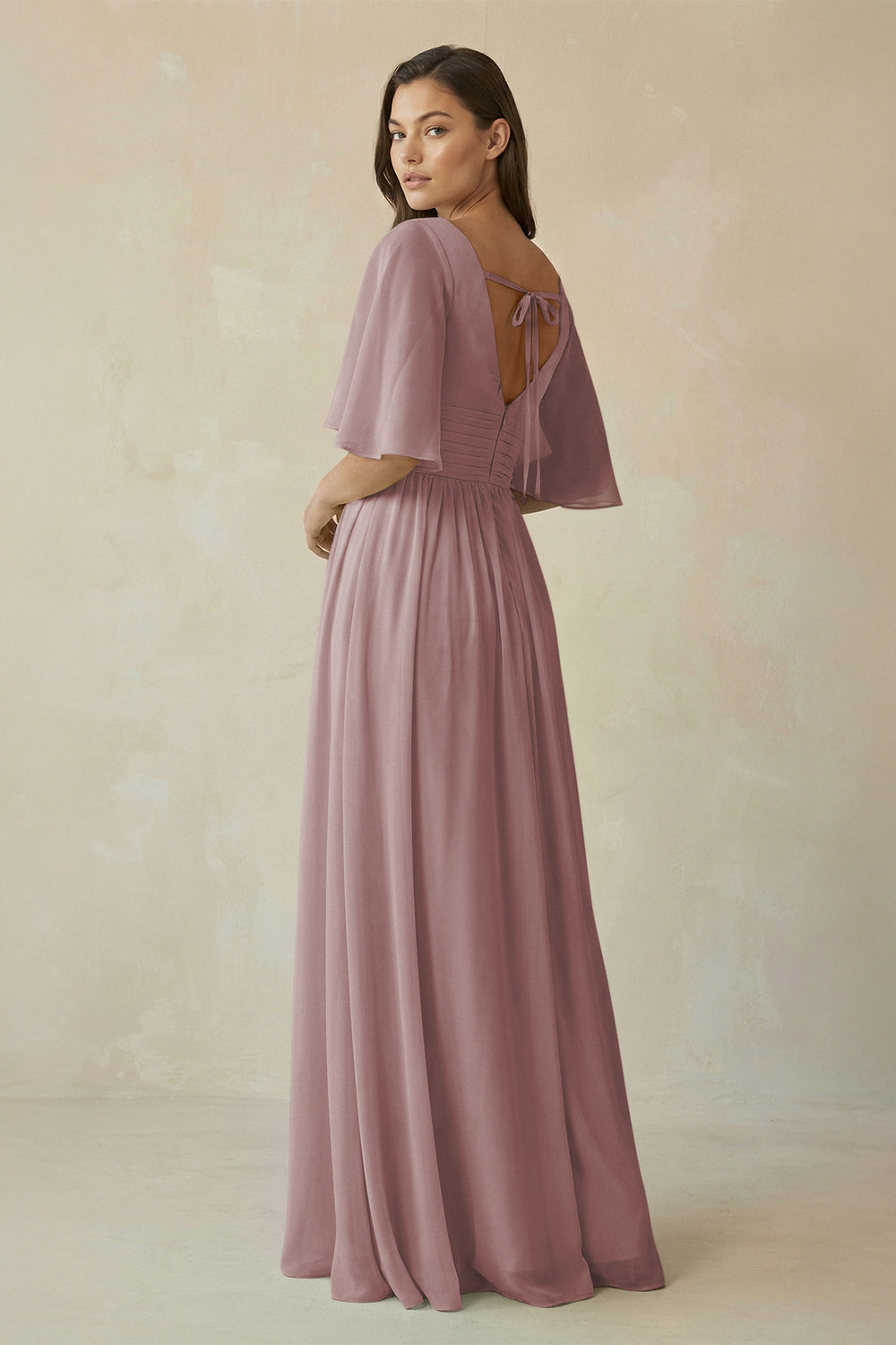 Half Sleeve V-Neck A-Line Chiffon Bridesmaid Gown in Dusty Rose