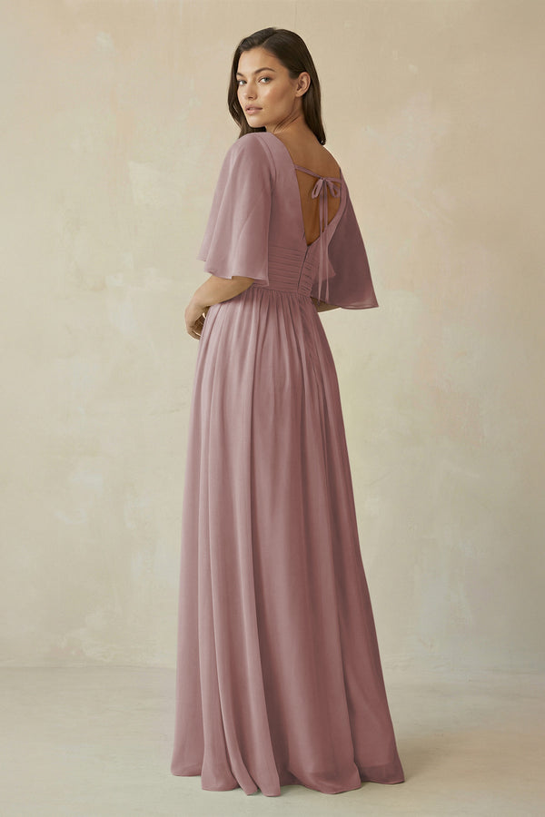 Dusty Rose Half Sleeve V-Neck A-Line Chiffon Bridesmaid Gown (2) | KISSBRIDAL