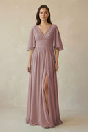 Dusty Rose Half Sleeve V-Neck A-Line Chiffon Bridesmaid Gown | KISSBRIDAL