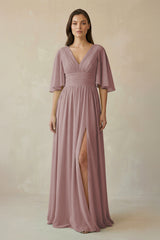 Dusty Rose Half Sleeve V-Neck A-Line Chiffon Bridesmaid Gown | KISSBRIDAL