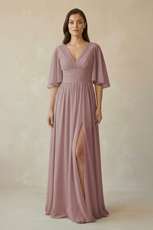 Dusty Rose Half Sleeve V-Neck A-Line Chiffon Bridesmaid Gown | KISSBRIDAL