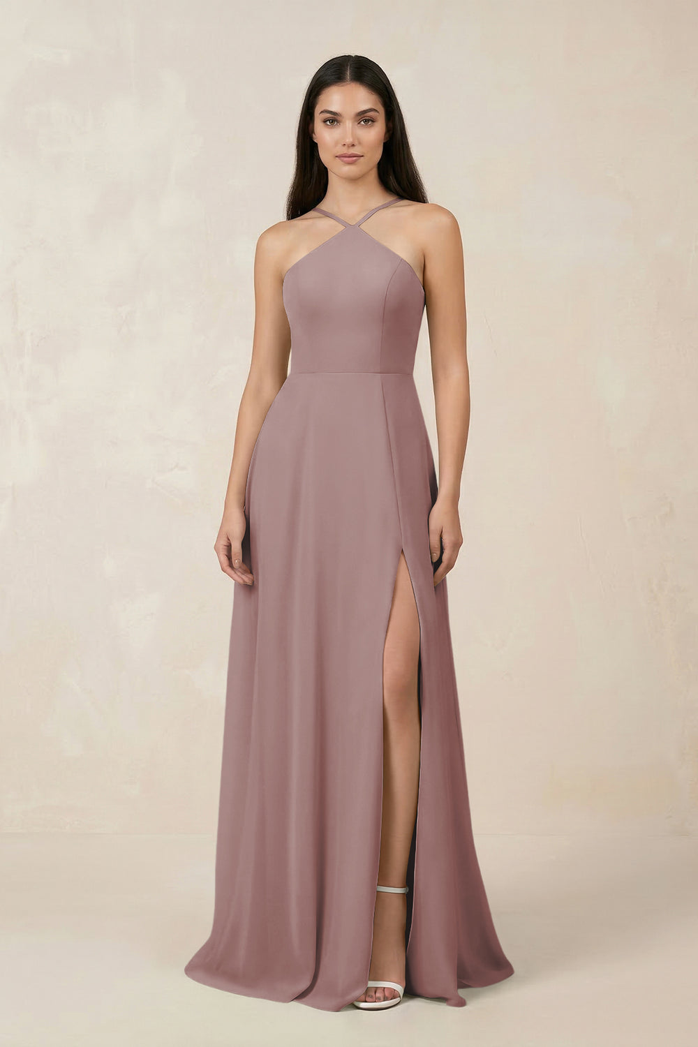 Halter Chiffon A-Line Bridesmaid Dress With Slit in Dusty Rose