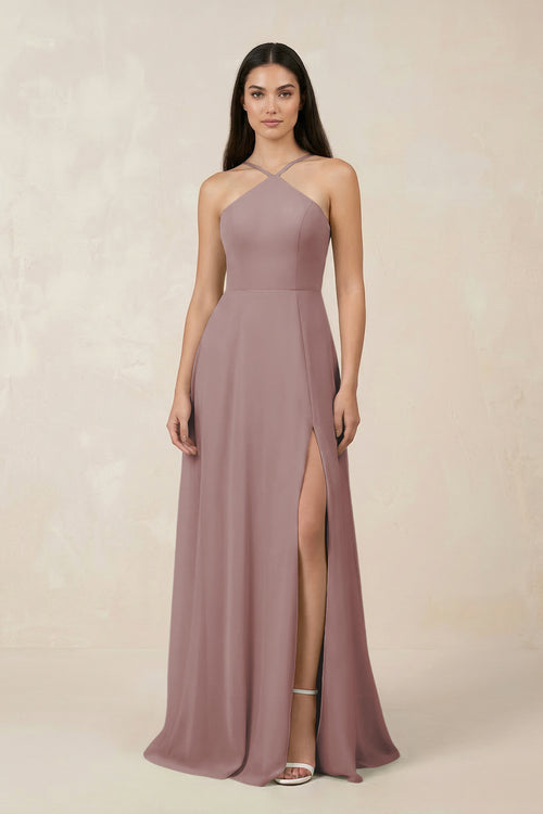 Dusty Rose Halter Chiffon A-Line Bridesmaid Dress With Slit | KISSBRIDAL