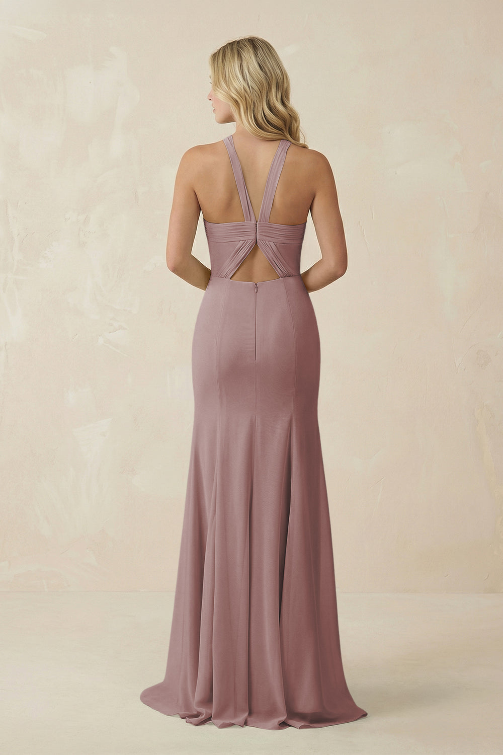 Halter Chiffon Mermaid Ruched Bridesmaid Dress in Dusty Rose