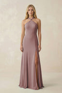 Dusty Rose Halter Chiffon Mermaid Ruched Bridesmaid Dress | KISSBRIDAL