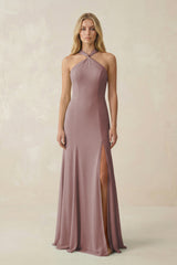 Dusty Rose Halter Chiffon Mermaid Ruched Bridesmaid Dress | KISSBRIDAL