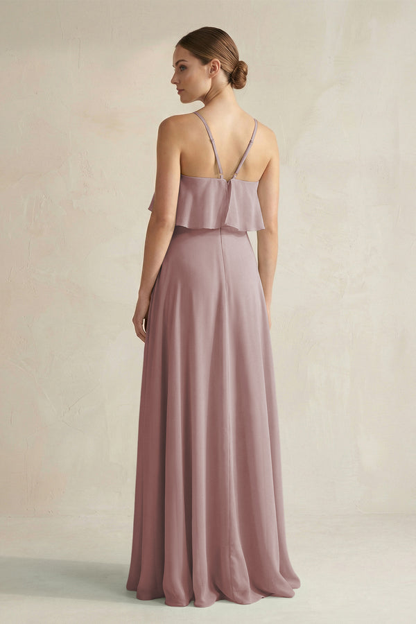 Dusty Rose Halter Neck A-Line Chiffon Bridesmaid Dress with Keyhole (2) | KISSBRIDAL