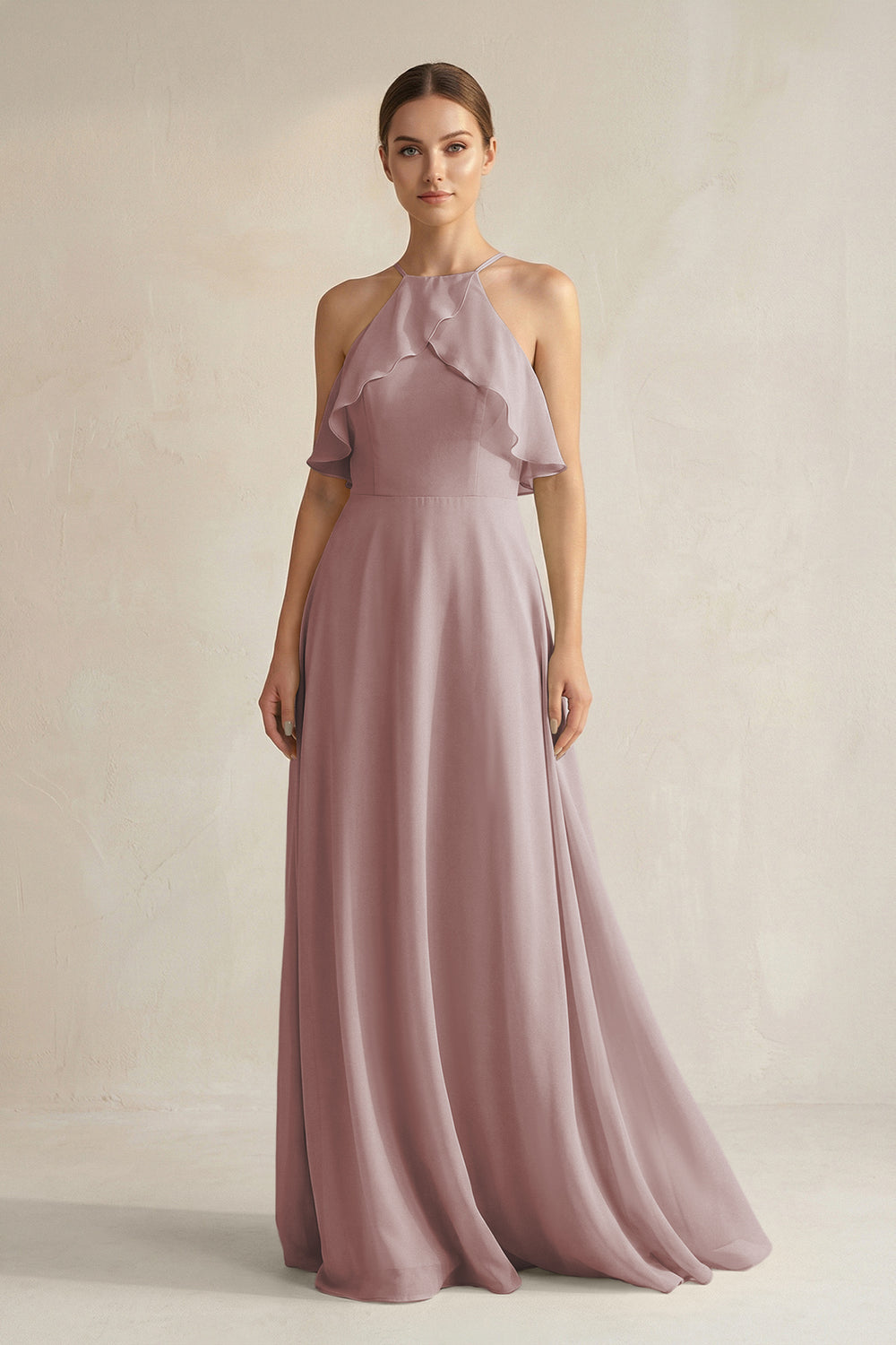 Halter Neck A-Line Chiffon Bridesmaid Dress with Keyhole in Dusty Rose