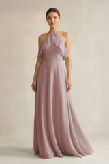 Dusty Rose Halter Neck A-Line Chiffon Bridesmaid Dress with Keyhole | KISSBRIDAL