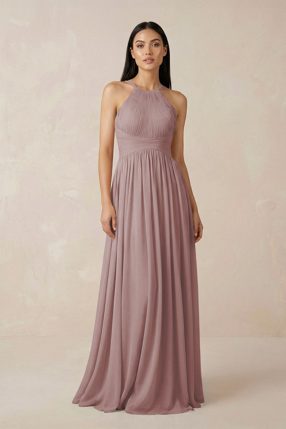 Halter Neck A-Line Chiffon Bridesmaid Dress in Dusty Rose