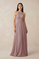 Dusty Rose Halter Neck A-Line Chiffon Bridesmaid Dress | KISSBRIDAL