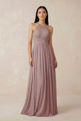 Dusty Rose Halter Neck A-Line Chiffon Bridesmaid Dress | KISSBRIDAL