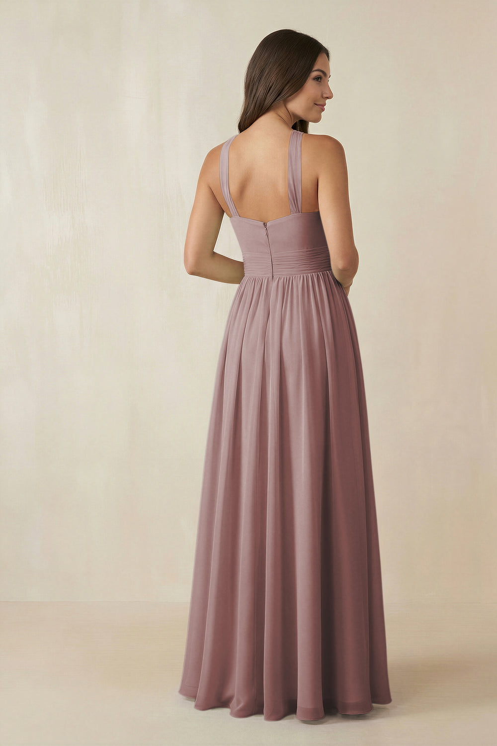 Halter Neck Ruched A-Line Chiffon Bridesmaid Dress in Dusty Rose