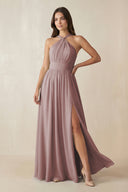 Dusty Rose Halter Neck Ruched A-Line Chiffon Bridesmaid Dress | KISSBRIDAL