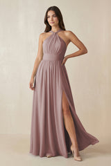 Dusty Rose Halter Neck Ruched A-Line Chiffon Bridesmaid Dress | KISSBRIDAL
