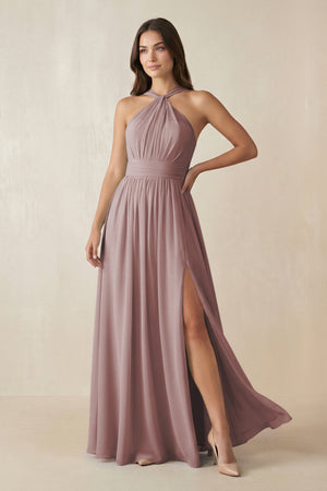 Dusty Rose Halter Neck Ruched A-Line Chiffon Bridesmaid Dress | KISSBRIDAL