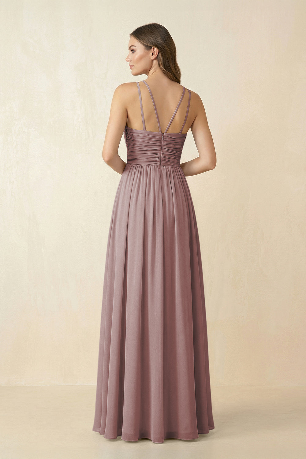 Halter Pleated A-Line Chiffon Bridesmaid Dress in Dusty Rose