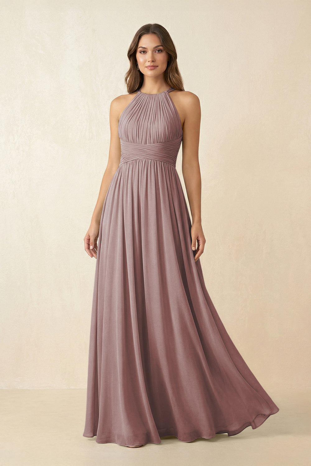 Halter Pleated A-Line Chiffon Bridesmaid Dress in Dusty Rose