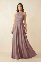 Dusty Rose Halter Pleated A-Line Chiffon Bridesmaid Dress | KISSBRIDAL